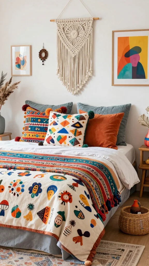 10 26x26 Pillow Styling Ideas for Euro Shams and Oversized Bed Layers - 7. Whimsical Elements with Boho Accents 1