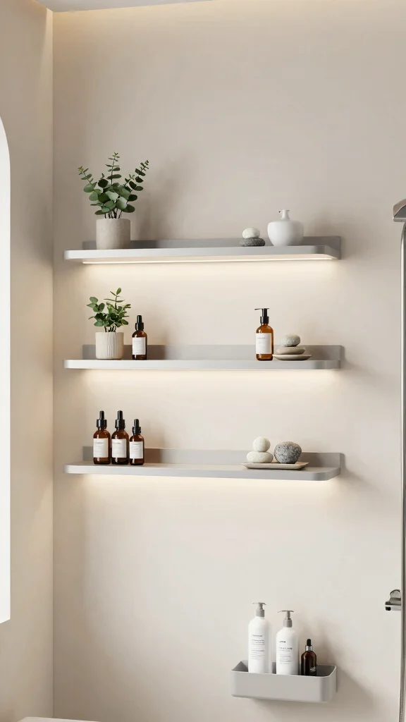 10 Eucalyptus Shower Head and Caddy Ideas for a Spa-Like Morning Routine - 7. Floating Shelves for Eucalyptus Decor 1