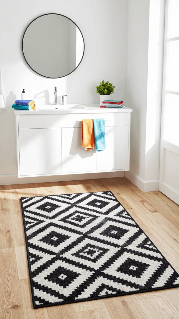 10 Pool House Bathroom Rug Ideas for a Fresh Wet-Friendly Floor - 1. Bold Geometric Patterns 1