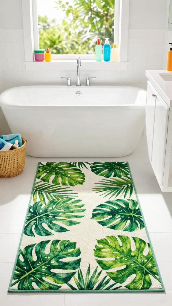 10 Pool House Bathroom Rug Ideas for a Fresh Wet-Friendly Floor - 3. Vibrant Tropical Prints 1