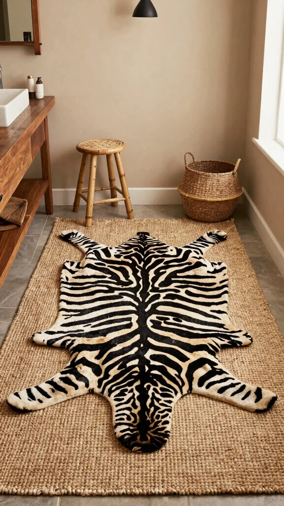 10 Zebra Print Bathroom Rug Ideas for a Bold Graphic Floor - 2. Layering with Natural Textures 1