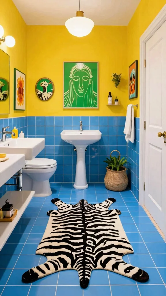 10 Zebra Print Bathroom Rug Ideas for a Bold Graphic Floor - 3. Bright and Bold Color Combos 1