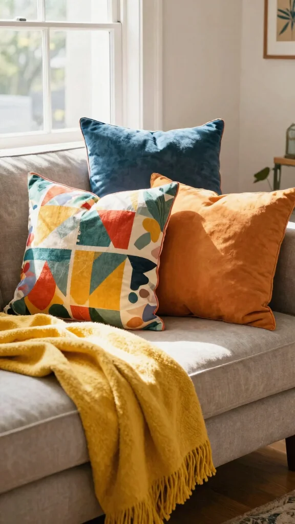 11 5-Pillow Couch Arrangement Ideas for a Lush, Inviting Sofa - 2. The Colorful Clutch 1