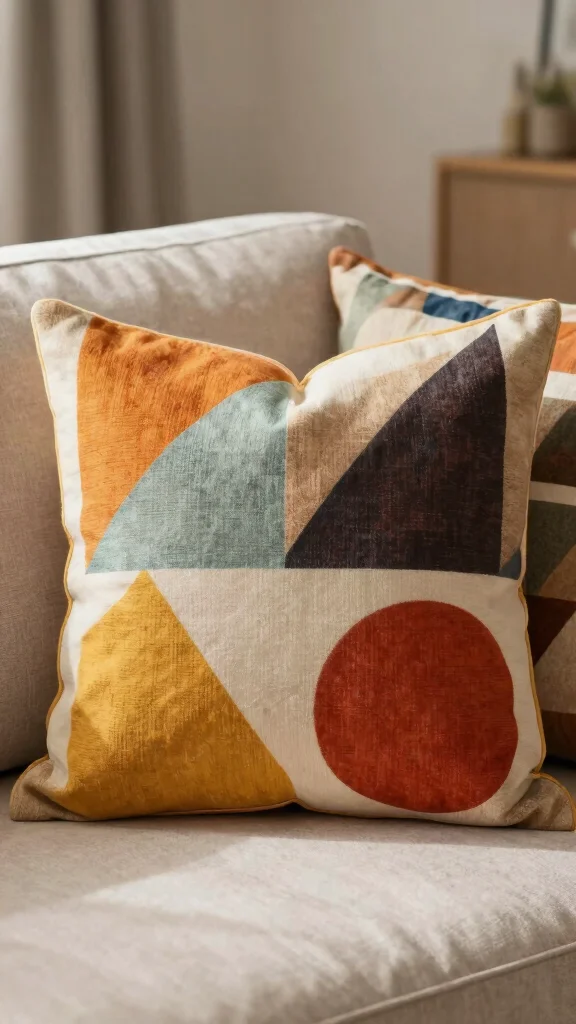 11 70s Style Throw Pillow Ideas for a Retro Warm-Toned Living Room - 1. Bold Geometric Shapes 1