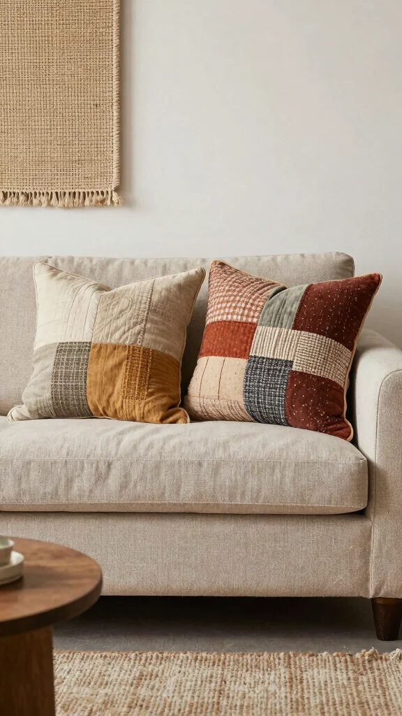 11 70s Style Throw Pillow Ideas for a Retro Warm-Toned Living Room - 10. Patchwork Pillows 1