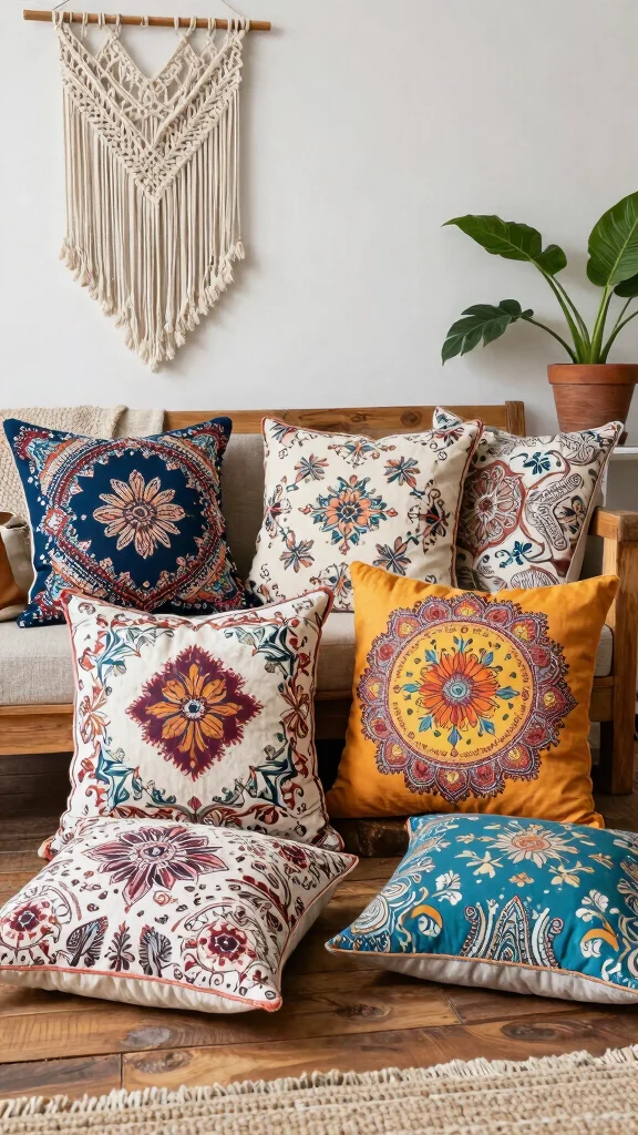 11 70s Style Throw Pillow Ideas for a Retro Warm-Toned Living Room - 3. Bohemian Patterns 1