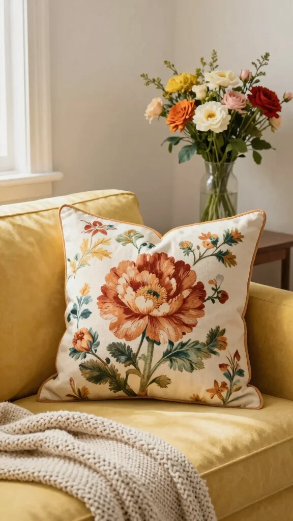 11 70s Style Throw Pillow Ideas for a Retro Warm-Toned Living Room - 5. Vintage Floral Prints 1