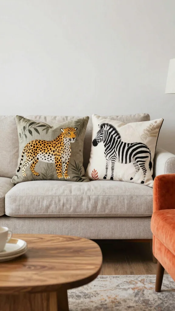 11 70s Style Throw Pillow Ideas for a Retro Warm-Toned Living Room - 8. Fun Animal Prints 1