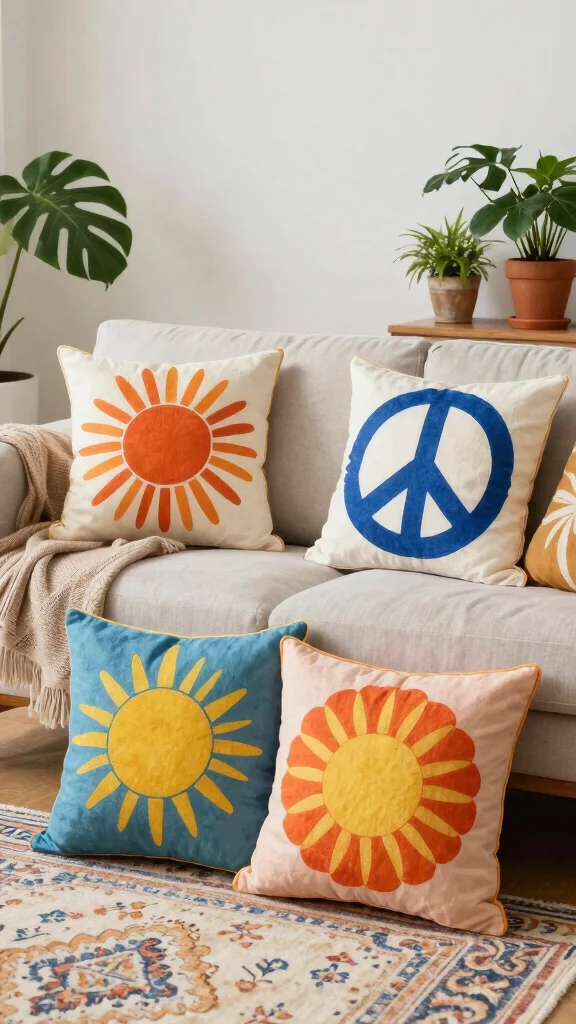 11 70s Style Throw Pillow Ideas for a Retro Warm-Toned Living Room - 9. Retro 70s Motifs 1
