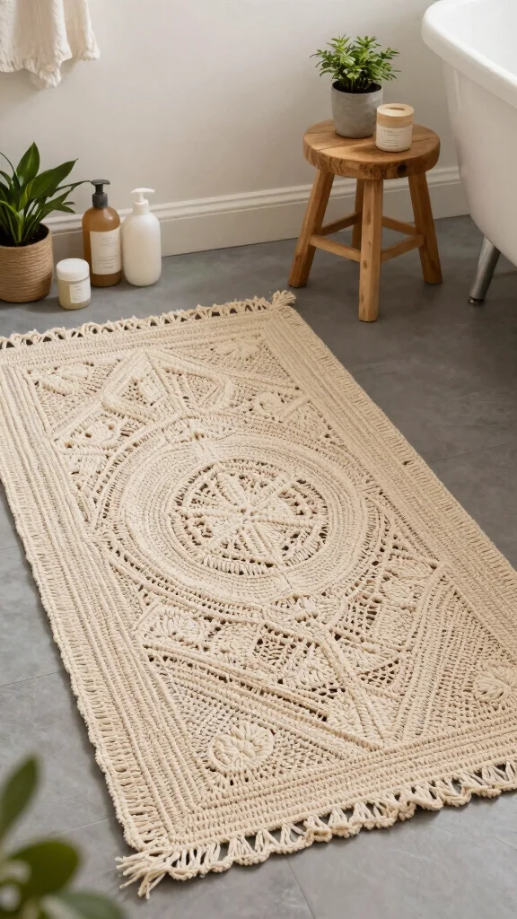 11 Bathroom Rug Ideas for Gray Floors That Warm Up the Space - 10. Handmade Crochet Rugs 1