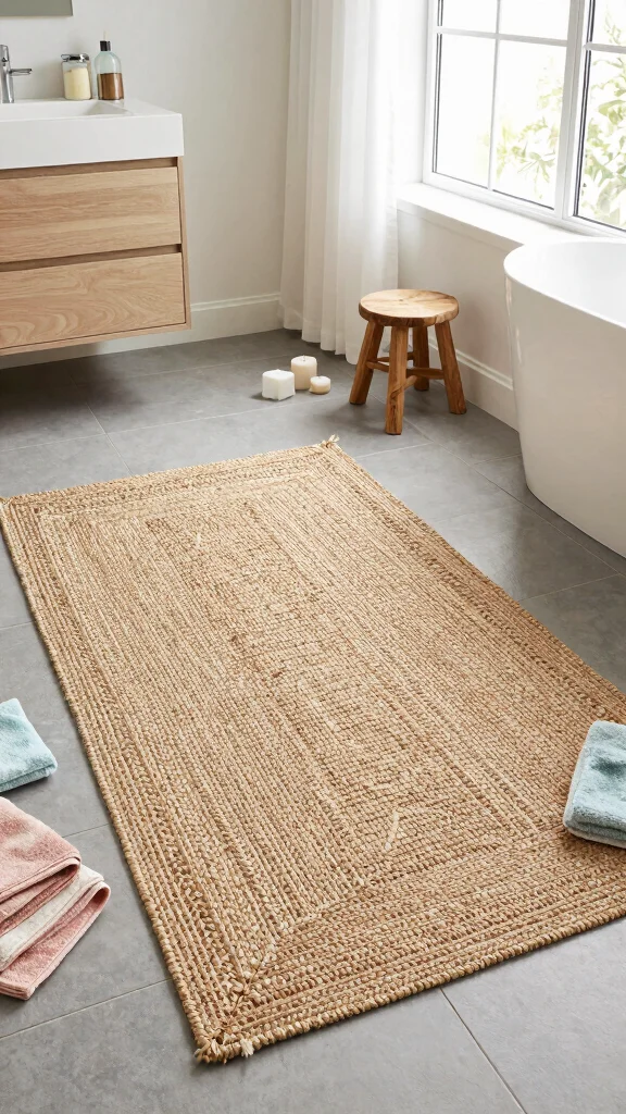 11 Bathroom Rug Ideas for Gray Floors That Warm Up the Space - 2. Woven Jute Rugs 1