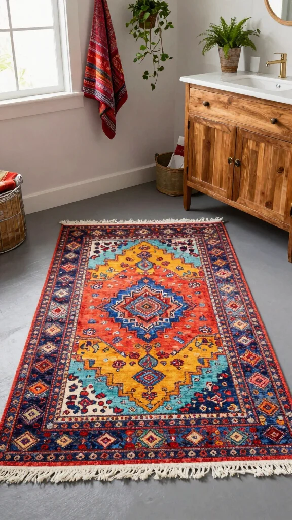 11 Bathroom Rug Ideas for Gray Floors That Warm Up the Space - 3. Vibrant Bohemian Rugs 1