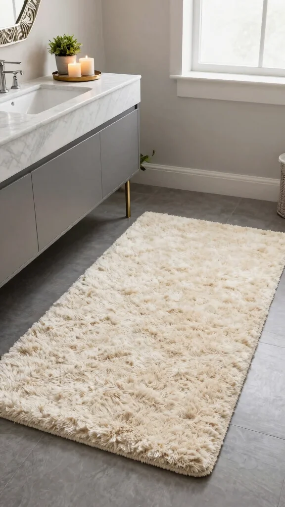 11 Bathroom Rug Ideas for Gray Floors That Warm Up the Space - 5. Chic Shag Rugs 1