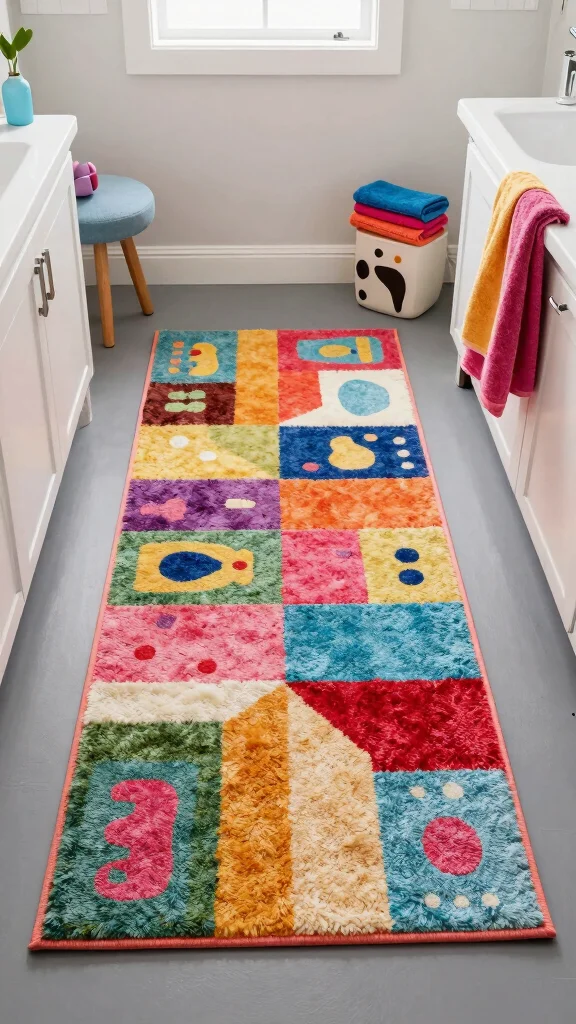 11 Bathroom Rug Ideas for Gray Floors That Warm Up the Space - 9. Colorful Printed Rugs 1