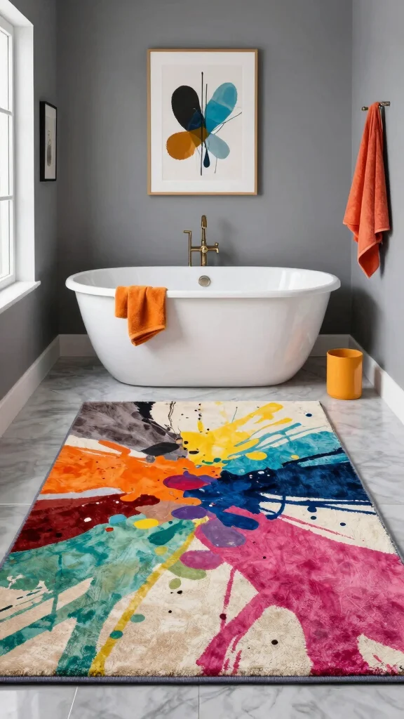 11 Bathroom Rug Ideas for Gray Walls That Add Warmth and Depth - 10. Artistic Abstract Designs 1