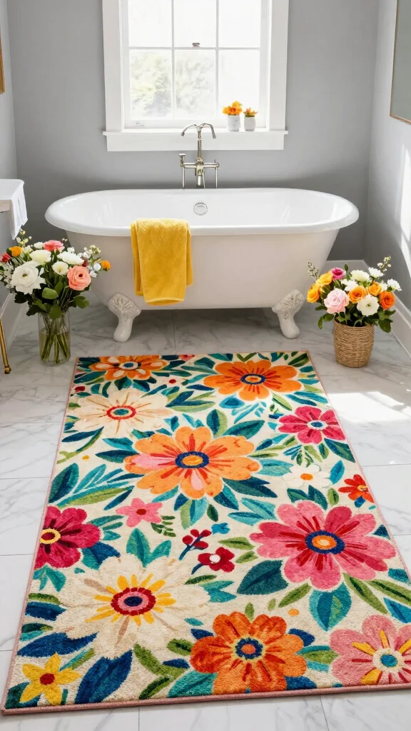11 Bathroom Rug Ideas for Gray Walls That Add Warmth and Depth - 4. Bold Floral Prints 1
