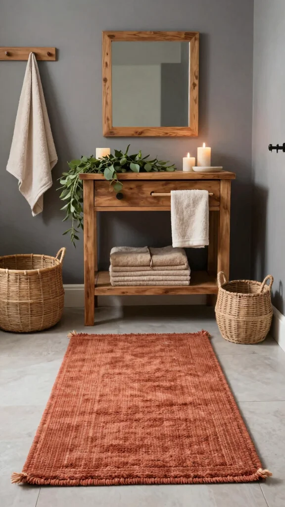 11 Bathroom Rug Ideas for Gray Walls That Add Warmth and Depth - 6. Warm Earth Tones 1