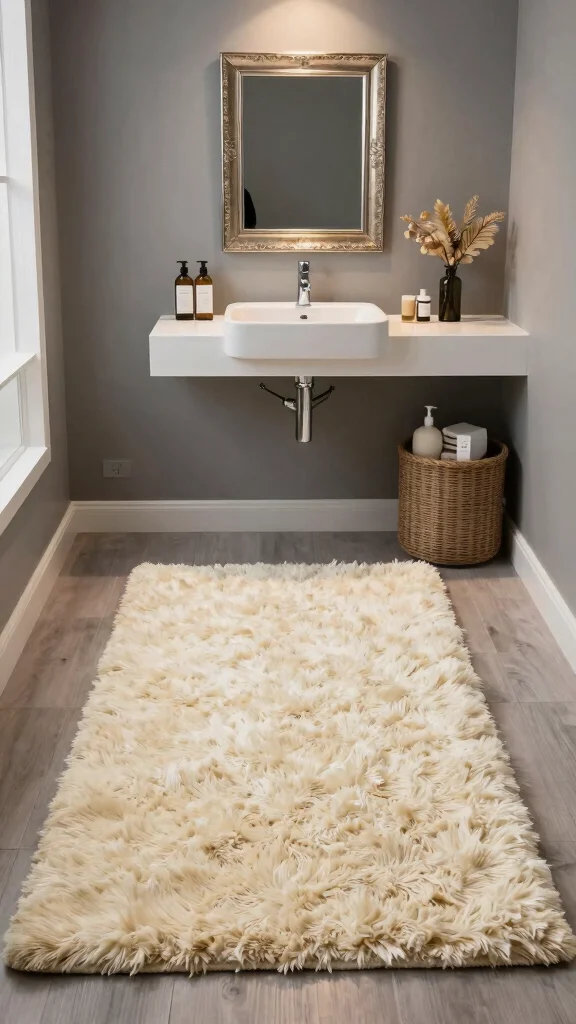 11 Bathroom Rug Ideas for Gray Walls That Add Warmth and Depth - 7. Textured Shag Rugs 1