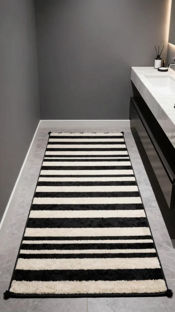 11 Bathroom Rug Ideas for Gray Walls That Add Warmth and Depth - 9. Bold Stripes for Impact 1