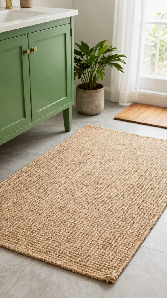 11 Bathroom Rug Ideas for Green Vanities That Balance the Bold Color - 1. Soft Natural Fiber Rugs 1