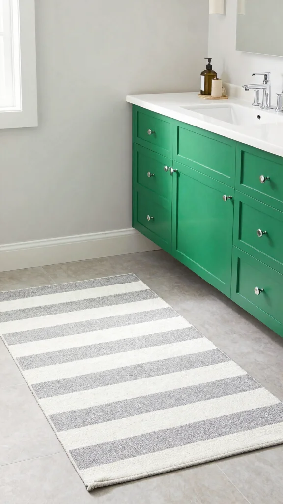 11 Bathroom Rug Ideas for Green Vanities That Balance the Bold Color - 10. Classic Striped Rugs 1
