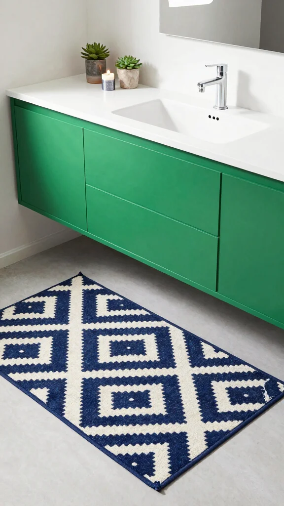 11 Bathroom Rug Ideas for Green Vanities That Balance the Bold Color - 2. Bold Geometric Patterns 1