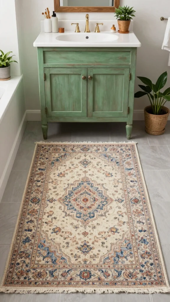 11 Bathroom Rug Ideas for Green Vanities That Balance the Bold Color - 3. Vintage-Inspired Textiles 1