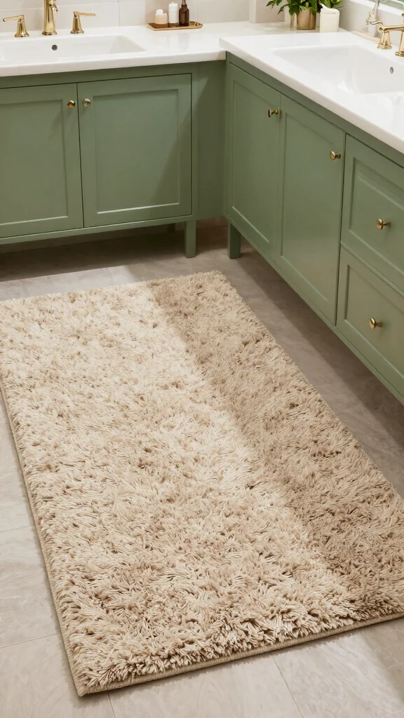 11 Bathroom Rug Ideas for Green Vanities That Balance the Bold Color - 7. Luxurious Textured Rugs 1