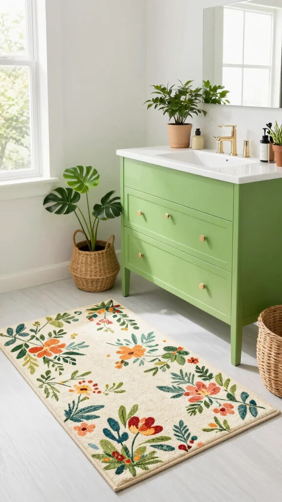 11 Bathroom Rug Ideas for Green Vanities That Balance the Bold Color - 8. Outdoor-Inspired Rugs 1