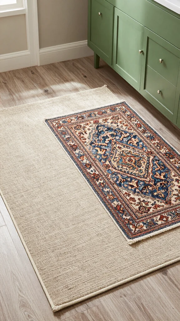 11 Bathroom Rug Ideas for Green Vanities That Balance the Bold Color - 9. Layered Rugs for Depth 1