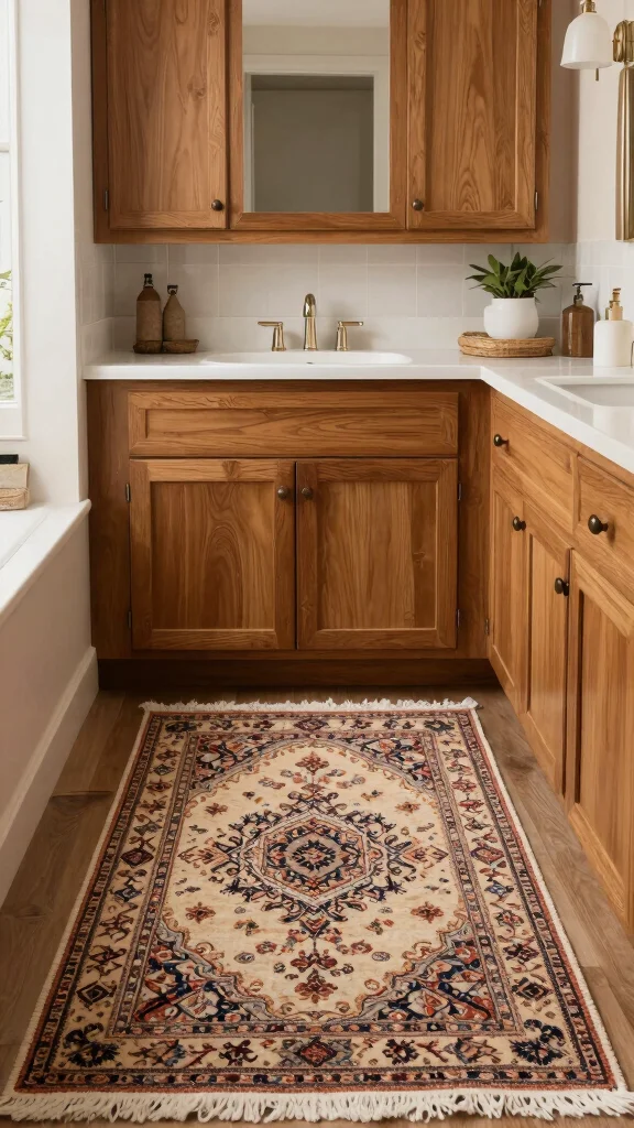 11 Bathroom Rug Ideas for Oak Cabinets That Complement the Wood Tones - 10. Vintage Rugs for Unique Character 1