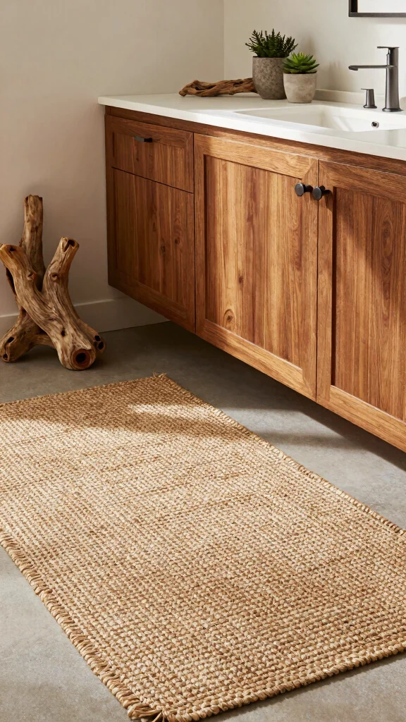11 Bathroom Rug Ideas for Oak Cabinets That Complement the Wood Tones - 2. Jute Rugs for Rustic Charm 1