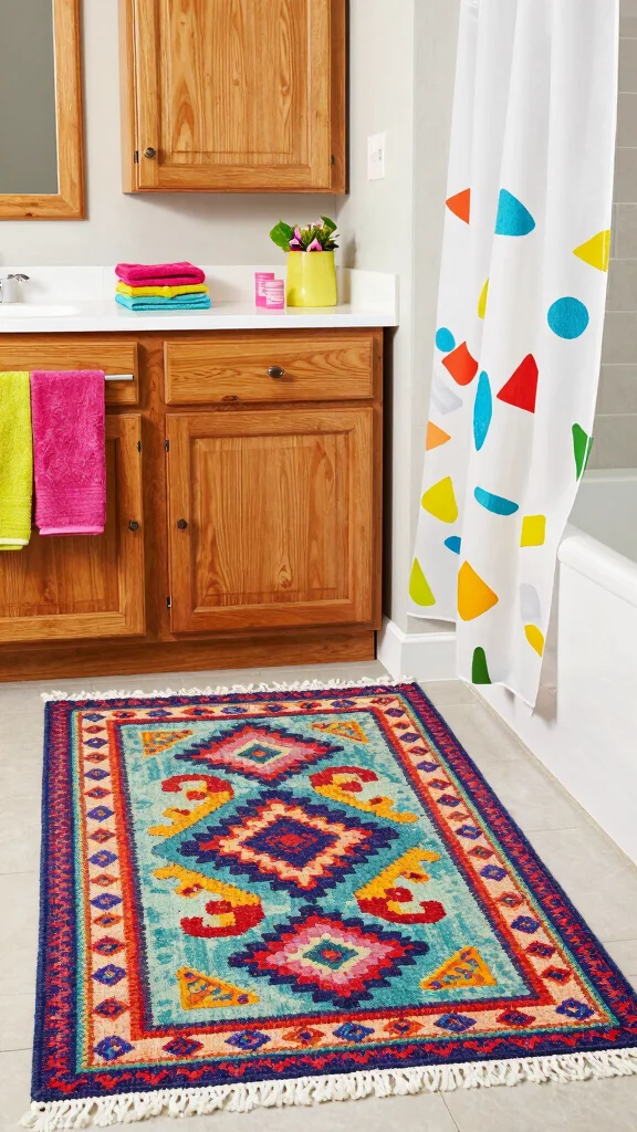 11 Bathroom Rug Ideas for Oak Cabinets That Complement the Wood Tones - 4. Colorful Woven Rugs for a Bright Pop 1