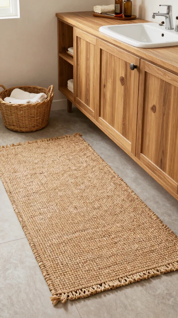 11 Bathroom Rug Ideas for Oak Cabinets That Complement the Wood Tones - 5. Eco-Friendly Fiber Rugs for a Natural Appeal 1