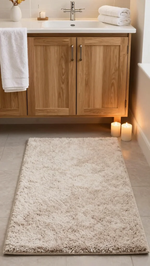 11 Bathroom Rug Ideas for Oak Cabinets That Complement the Wood Tones - 8. Shag Rugs for Comfort and Warmth 1