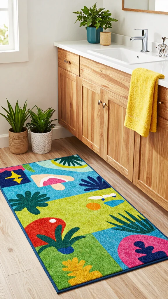 11 Bathroom Rug Ideas for Oak Cabinets That Complement the Wood Tones - 9. Outdoor-Style Rugs for a Fresh Vibe 1