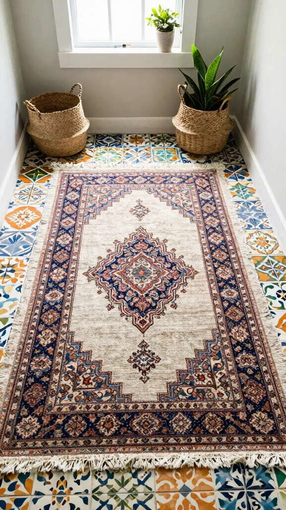 11 Bathroom Rug Ideas for Patterned Tile That Don't Clash - 6. Layering Rugs for a Boho Feel 1