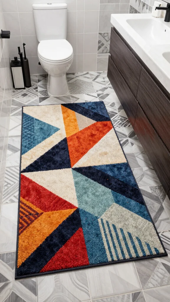 11 Bathroom Rug Ideas for Patterned Tile That Don't Clash - 8. Graphic Designs for a Modern Edge 1
