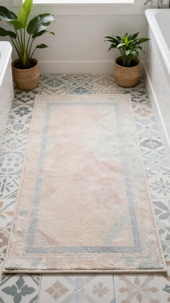 11 Bathroom Rug Ideas for Patterned Tile That Don't Clash - 9. Soft Pastels for a Gentle Touch 1