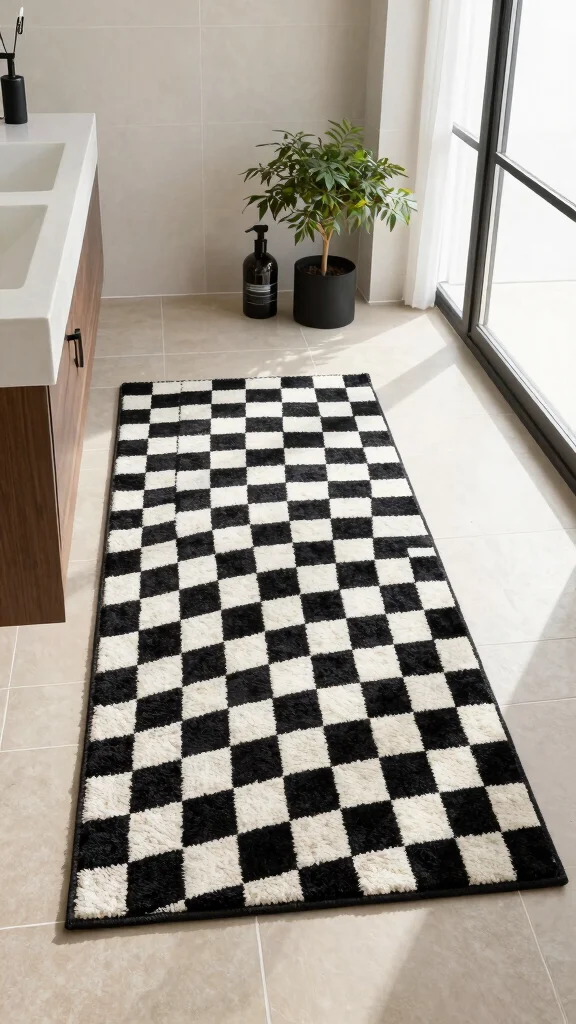 11 Checkered Bathroom Rug Ideas for a Graphic Flair - 1. Bold Monochrome Checks 1
