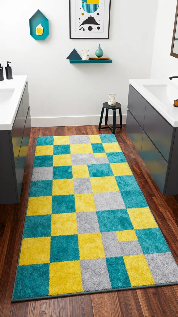 11 Checkered Bathroom Rug Ideas for a Graphic Flair - 3. Geometric Play 1