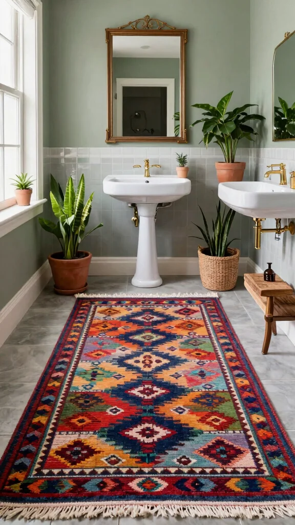 11 Earthy Bathroom Rug Ideas for a Natural Grounded Bathroom Palette - 7. Colorful Kilim Charm 1