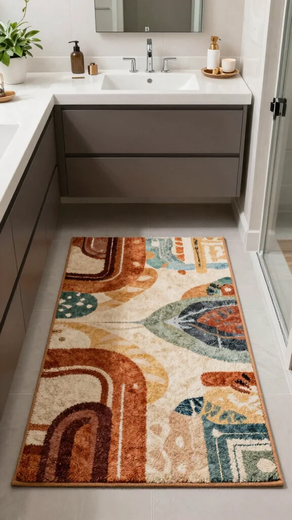 11 Earthy Bathroom Rug Ideas for a Natural Grounded Bathroom Palette - 9. Artistic Printed Rugs 1