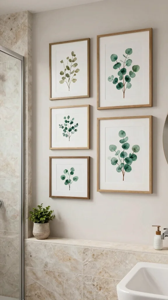 11 Eucalyptus Shower Head Ideas for an Aromatherapy-Inspired Daily Shower - 5. Eucalyptus Wall Art in Shower Area 1