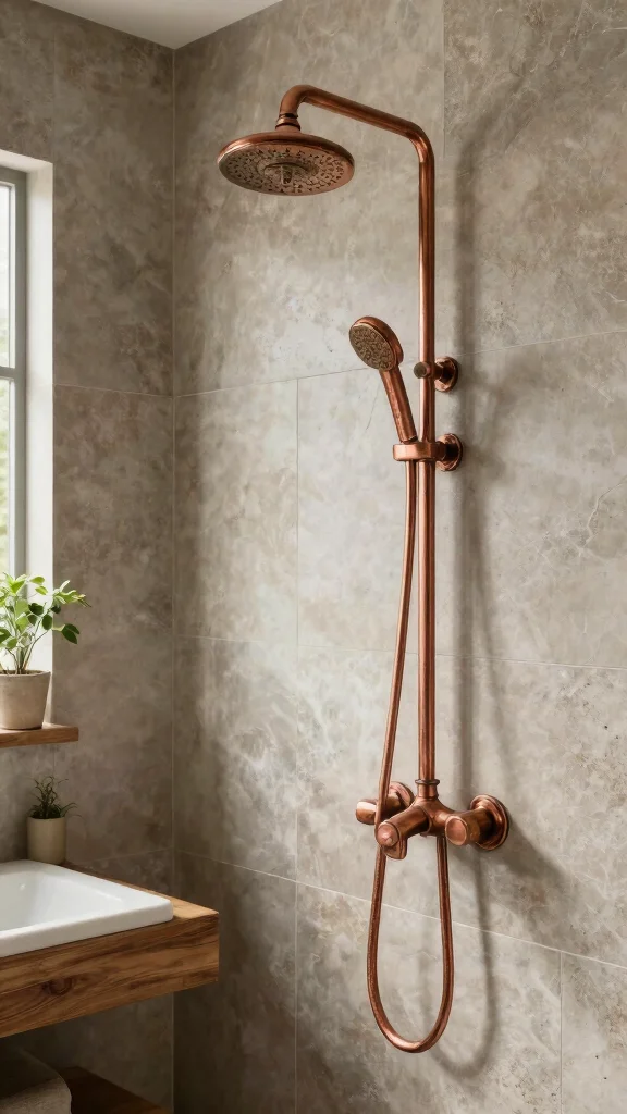 11 Exposed Plumbing Shower Head Ideas for an Industrial Vintage Look - 4. Rustic Copper Shower Heads 1