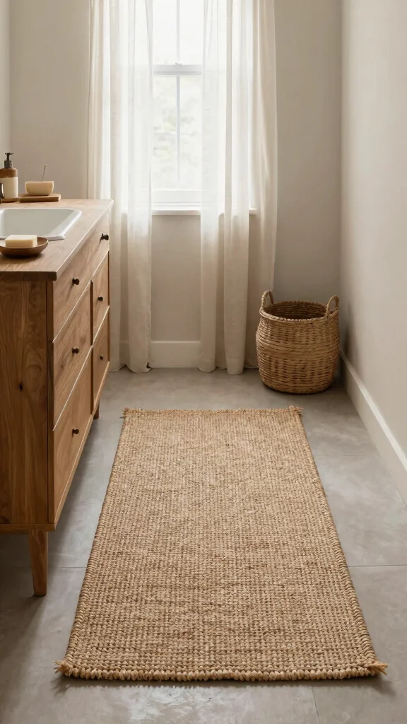 11 Lake House Bathroom Rug Ideas for a Relaxed Waterside Aesthetic - 3. Outdoor-Inspired Natural Fiber Rug 1