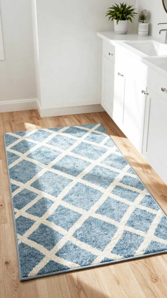 11 Lake House Bathroom Rug Ideas for a Relaxed Waterside Aesthetic - 6. Geometric Patterned Rug 1