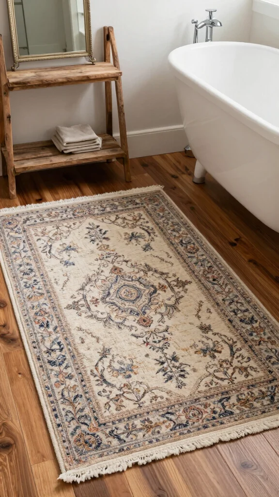 11 Lake House Bathroom Rug Ideas for a Relaxed Waterside Aesthetic - 8. Vintage-Inspired Area Rug 1