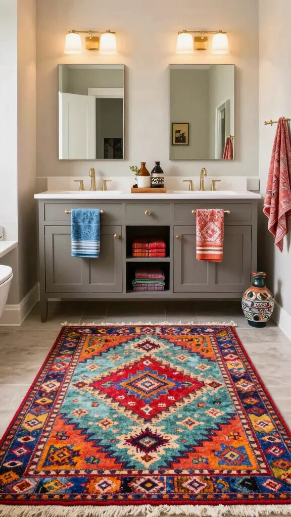 11 Master Bathroom Double Vanity Rug Ideas for a Balanced Layout - 10. Colorful Bohemian Styles 1