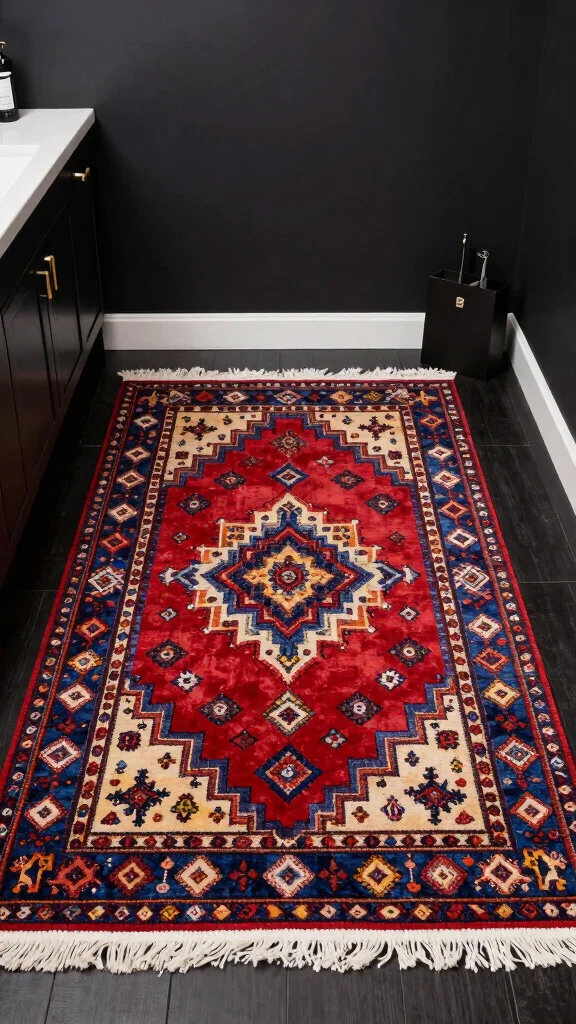 11 Moody Bathroom Rug Ideas for a Dark Atmospheric Floor Textile - 10. Artistic Expression 1